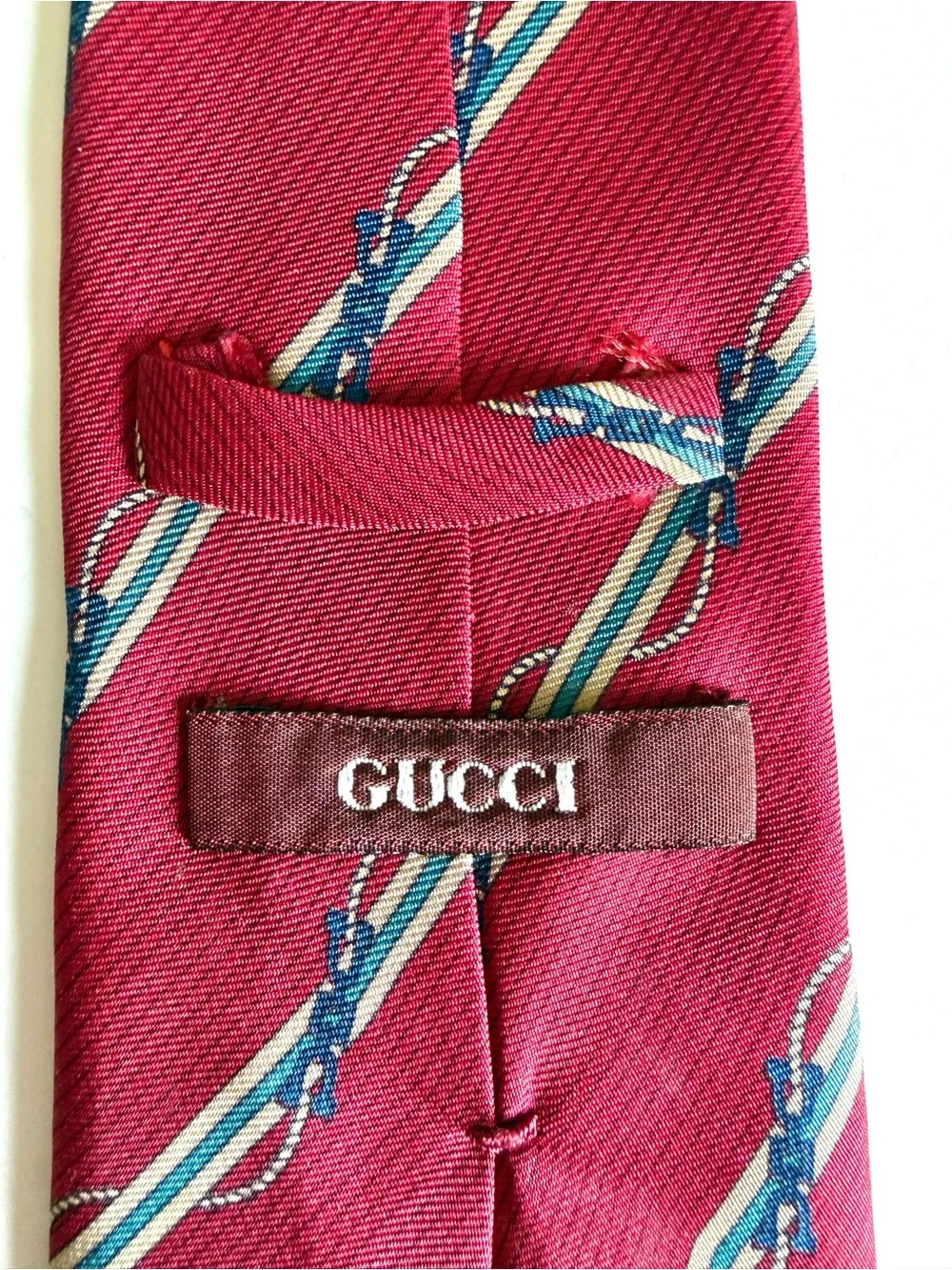 GUCCI Vintage Silk Tie Red Diagonal Stripe Nautical Rope Interlocking GG 80s
